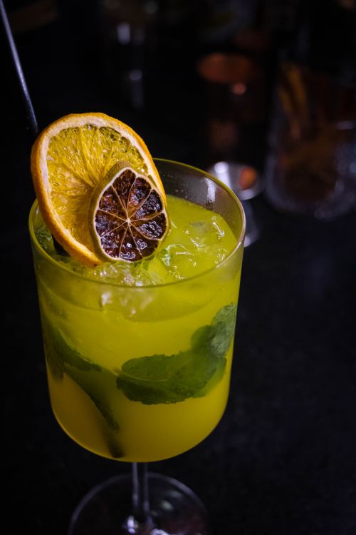 Free A vibrant citrus cocktail garnished with mint and orange slices, perfect for a refreshing drink. Stock Photo