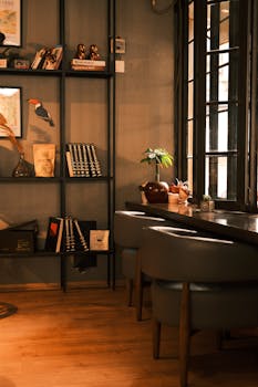 Warm, inviting interior featuring a vintage bookshelf in a cozy apartment setting.