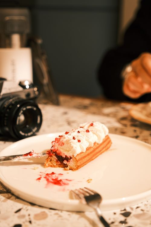 Free A delicious dessert with cream and berries on a plate, captured next to a vintage camera. Stock Photo