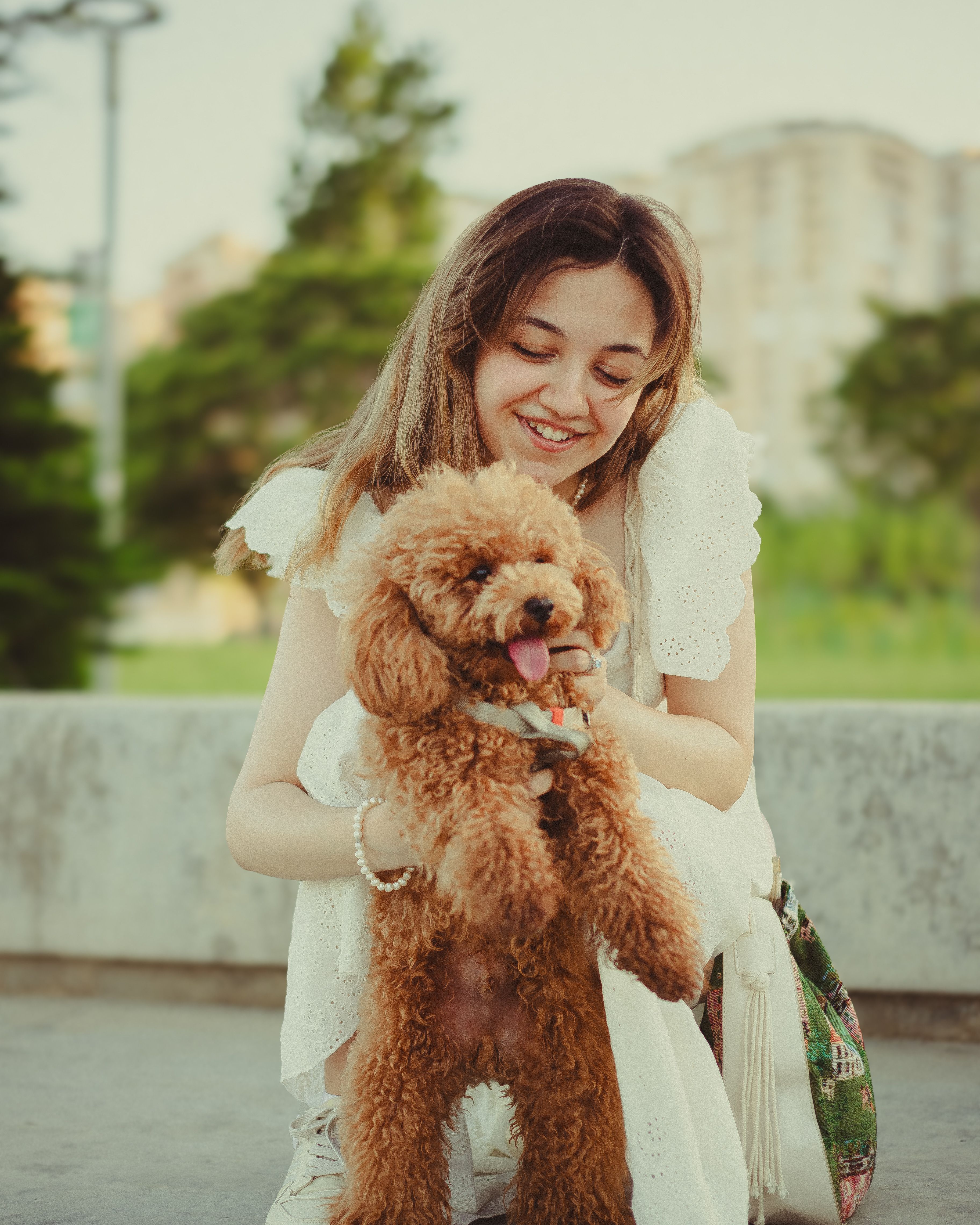 Dueña feliz con su perro caniche — Zampa Gelato 100% natural