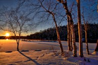 宁静的冬季日落将阴影投在冰雪和树木环绕的冰冻湖面上
