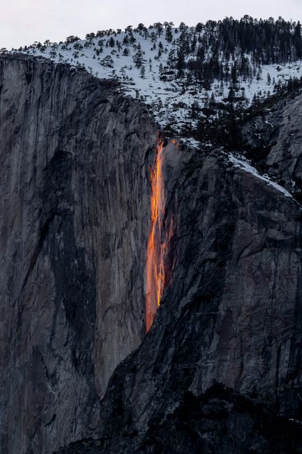 Captivating display of Yosemite's Firefall glowing against a snow-covered cliff at sunset.