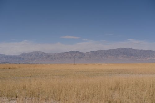 Free Expansive grassy plains stretch toward distant mountains under a clear blue sky. Stock Photo