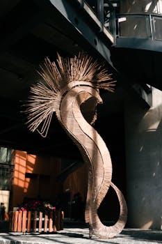 Artistic wooden sculpture under bridge in Curitiba, Brazil.