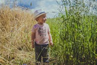 一个快乐的孩子戴着草帽，在阳光明媚的一天里，于绿色的田野中享受被大自然包围的感觉