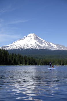 在湖上划桨时，可以看见雄伟雪山的和平场景