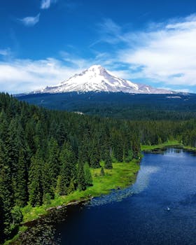 迷人的鸟瞰山、郁郁葱葱的绿色森林和俄勒冈州一个宁静的湖泊