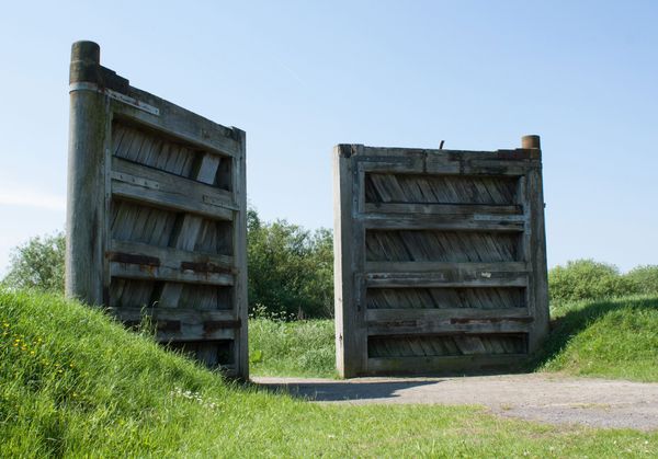Gray wooden gate between grass
