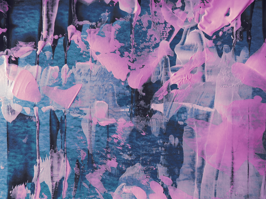 Dynamic abstract painting with bold pink and blue acrylic textures, creating a striking artistic composition.