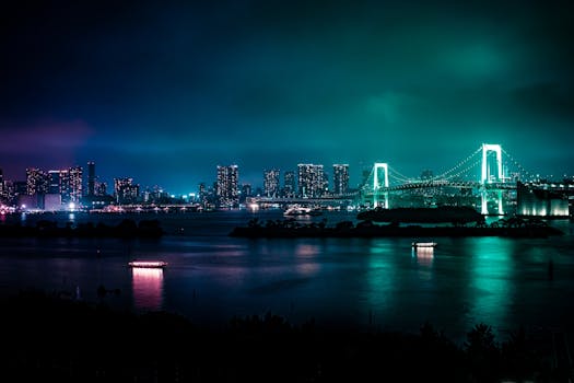 Illuminated Tokyo skyline featuring the iconic Rainbow Bridge at night, reflected in calm bay waters.