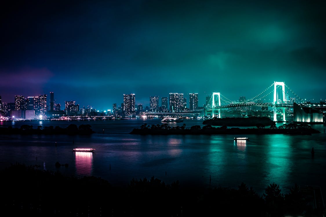 Free Lighted Bridge at Night Stock Photo