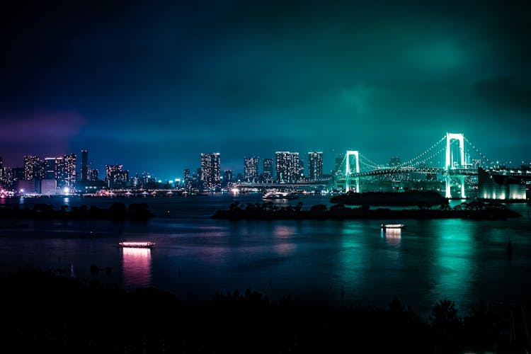 Lighted Bridge At Night