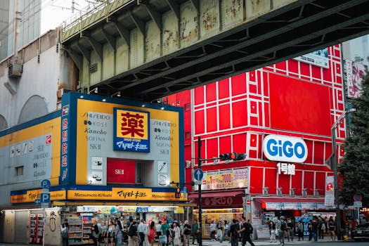 Vibrant street scene in Tokyo showcasing GIGO and Matsumoto KiYoshi stores under an overpass.