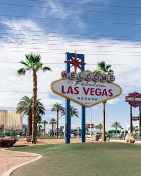 Famous Welcome to Las Vegas sign surrounded by palm trees on a sunny day. by Cameron Rainey