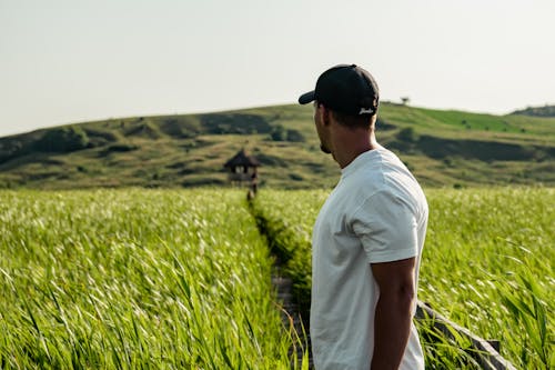 Foto Van Een Man In Wit Overhemd Die Zich In Landbouwgrond Bevindt