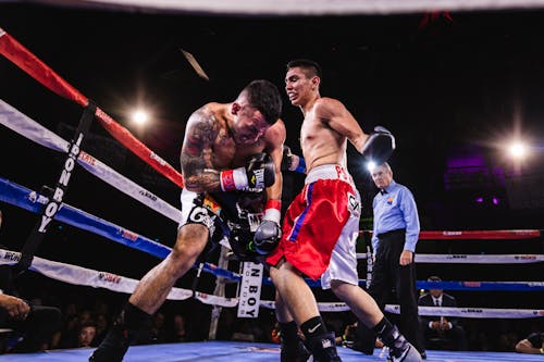 Foto De Baixo ângulo De Dois Homens Lutando No Ringue De Boxe