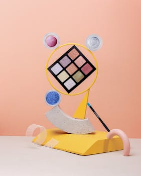 Creative still life of a vibrant eyeshadow palette with geometric shapes on a pastel background.