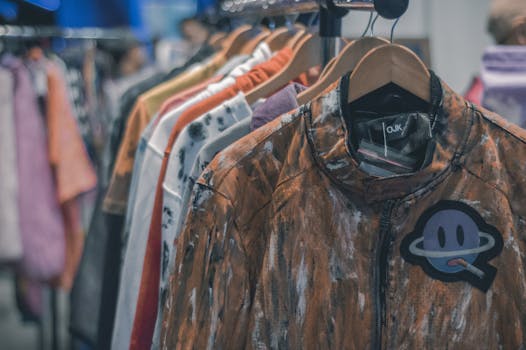 一家时髦的零售商店里，五颜六色的衣服挂在架子上，展示着时尚的款式