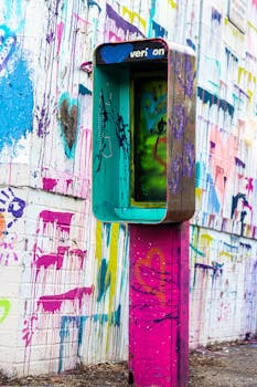 城市环境中的墙壁和老式电话亭上覆盖着充满活力的涂鸦