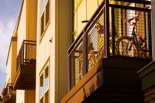 Contemporary residential building featuring metal balconies and parked bicycles, bathed in warm sunlight.