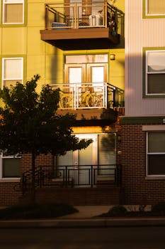 现代化的城市公寓设有带阳台的外观，并在黄金时段提供自行车