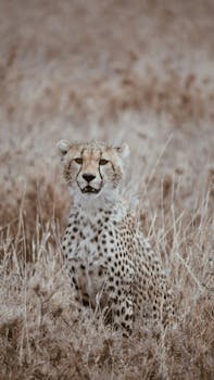 Elegant cheetah sits gracefully in dry grass, showcasing its natural beauty in a wildlife setting.