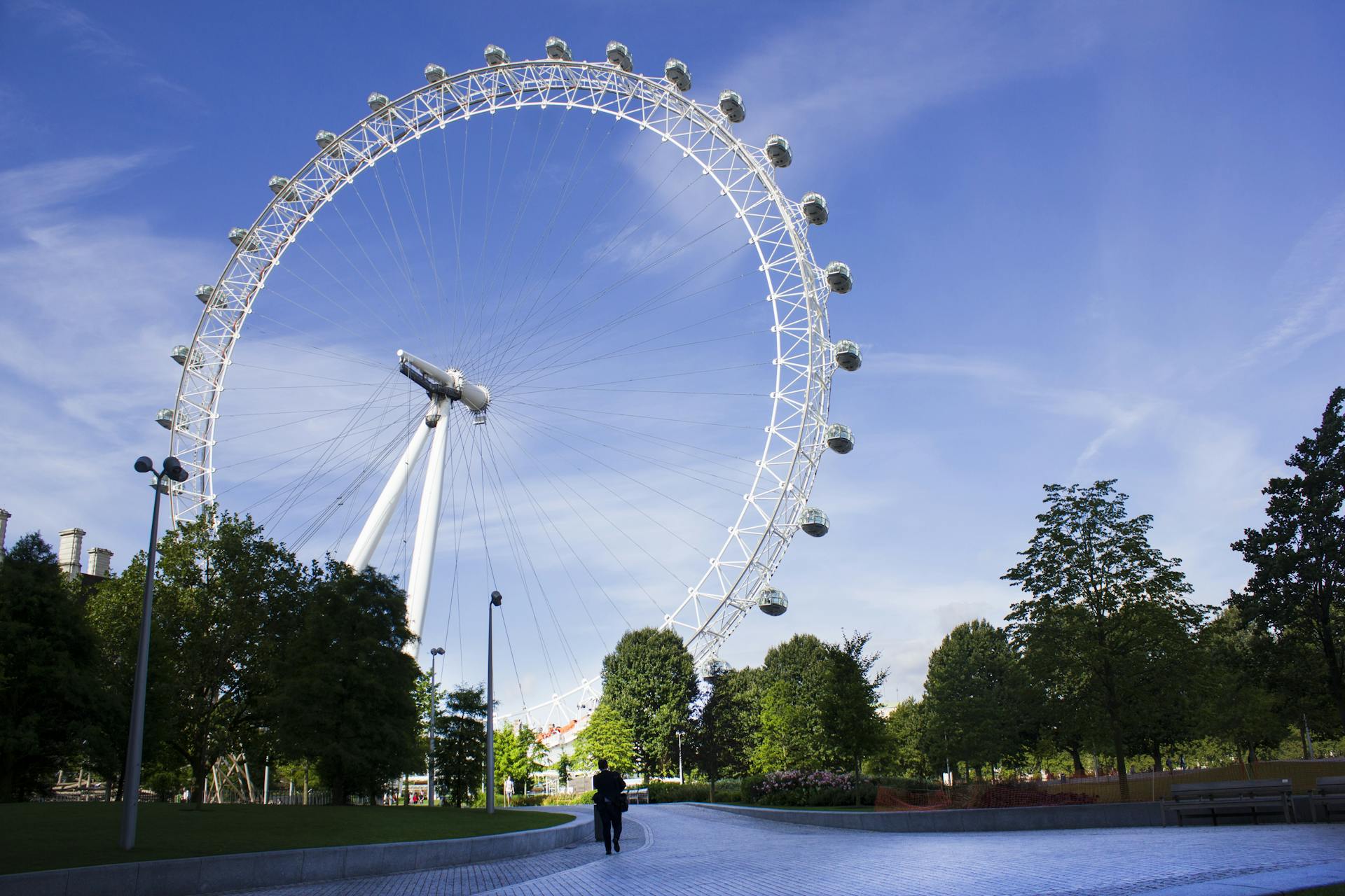 Beautiful photo of the London Eye with lush greenery and a clear blue sky, perfect for travel and leisure themes.