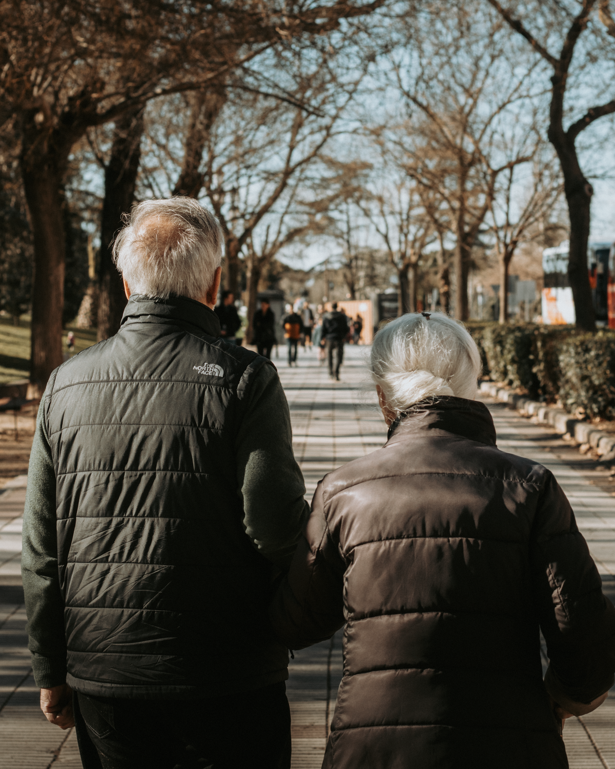 Un couple de seniors se promène main dans la main dans un parc ensoleillé