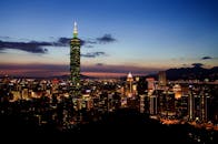 台北101的壮丽景色与黄昏映照下的城市景观，展现了城市的魅力与灯光的活力