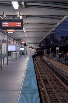 黄昏时分，在空荡荡的火车站台上可以欣赏城市天际线，感受城市的交通脉动