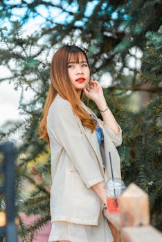 夏天，一位优雅的年轻女子在户外郁郁葱葱的绿植中喝着饮料摆姿势