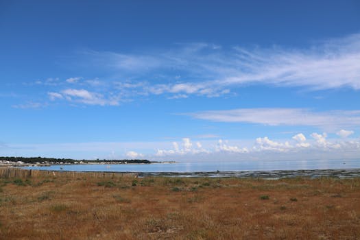 Peaceful seashore view with clear blue skies and scattered clouds.