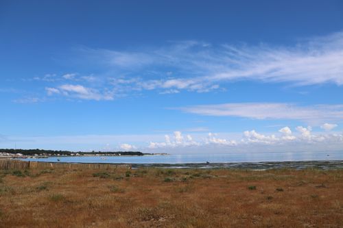 Free Peaceful seashore view with clear blue skies and scattered clouds. Stock Photo