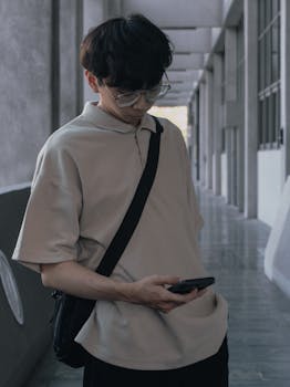 Asian man standing in a corridor, looking at smartphone. Casual urban fashion.