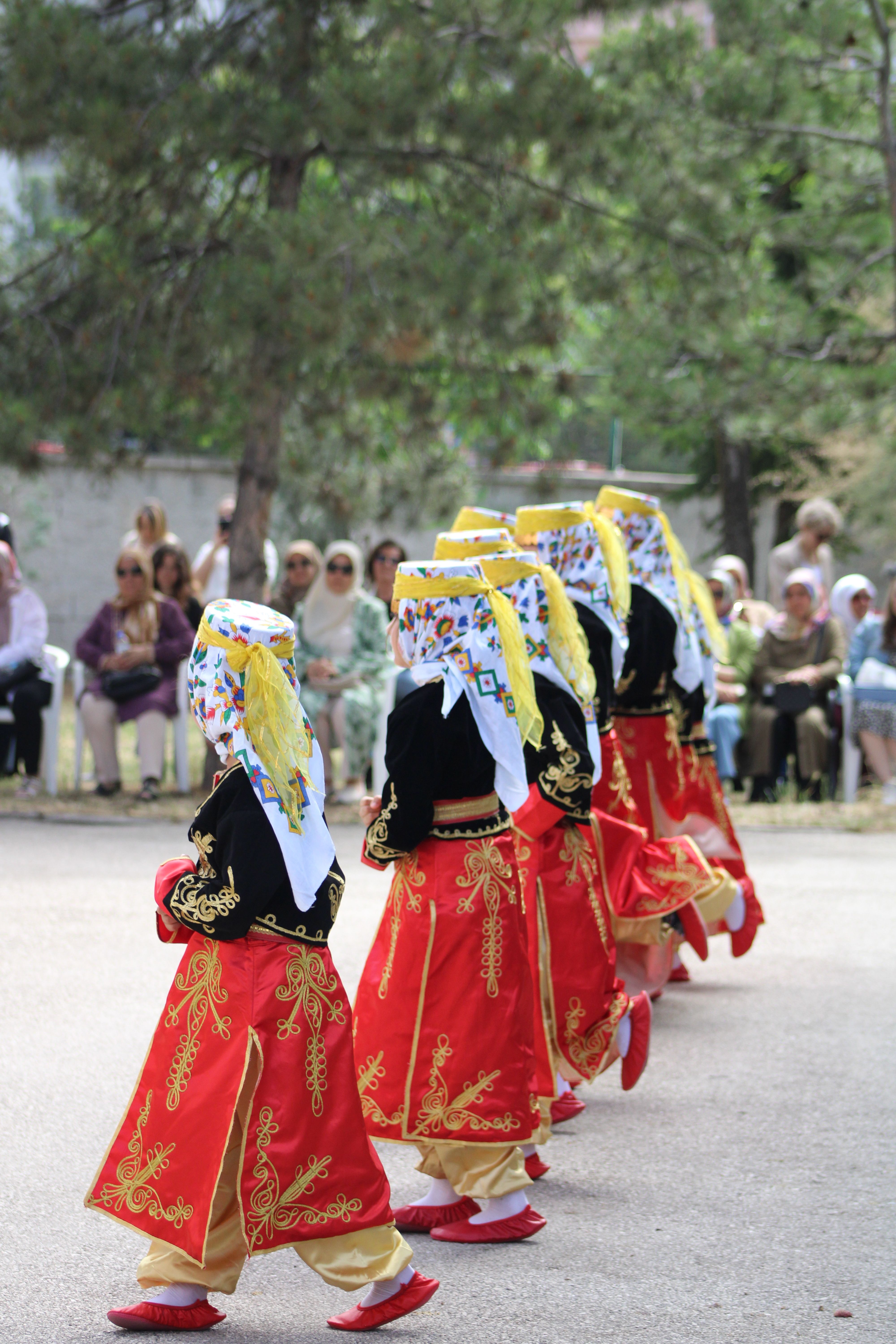 Women in vibrant traditional attire performing a cultural dance outdoors.