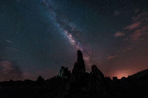 Free Capture of the Milky Way galaxy amidst starry night sky over rocky silhouettes, creating a serene celestial scene. Stock Photo