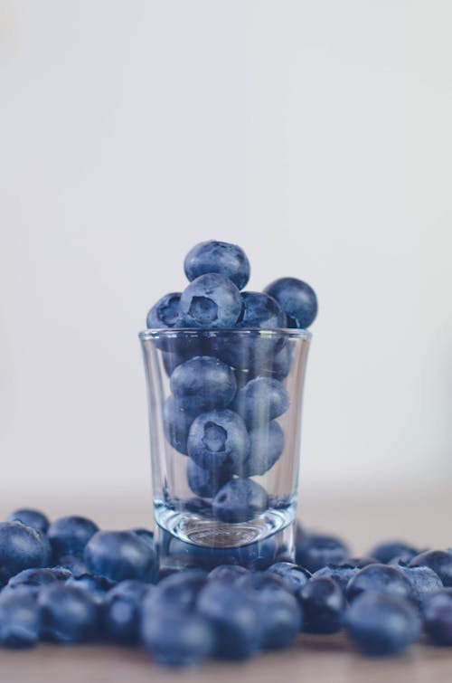 Blueberries in a glass with a white background