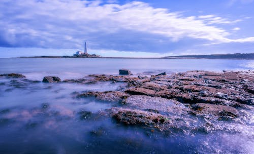 A lighthouse is seen on the rocks near the water