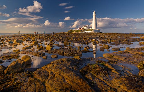 A lighthouse sits on a rocky shoreline