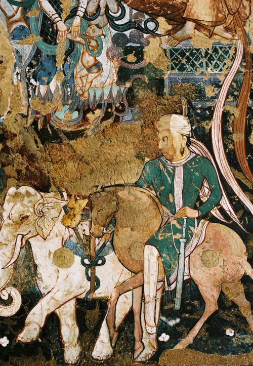 Free Detailed fresco of a man on horseback beside an elephant, showcasing ancient art. Stock Photo