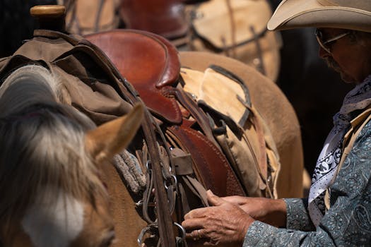A cowboy adjusting a saddle on a horse in Bryce Canyon City, Utah.