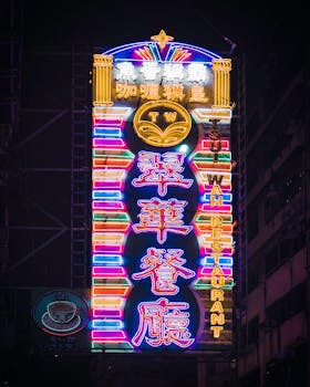 Bright neon sign of Tsui Wah Restaurant glowing in Hong Kong's urban nightscape.