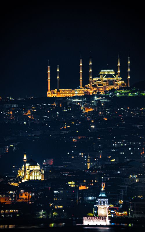 Free A stunning aerial view of Istanbul at night, featuring Camlica Mosque illuminated against the city skyline. Stock Photo