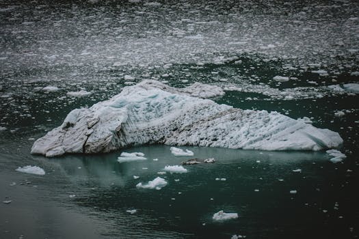 A tranquil scene of a floating iceberg in the serene Arctic waters, showcasing natural beauty.
