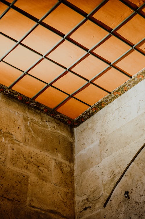 A ceiling with orange tiles and a light fixture