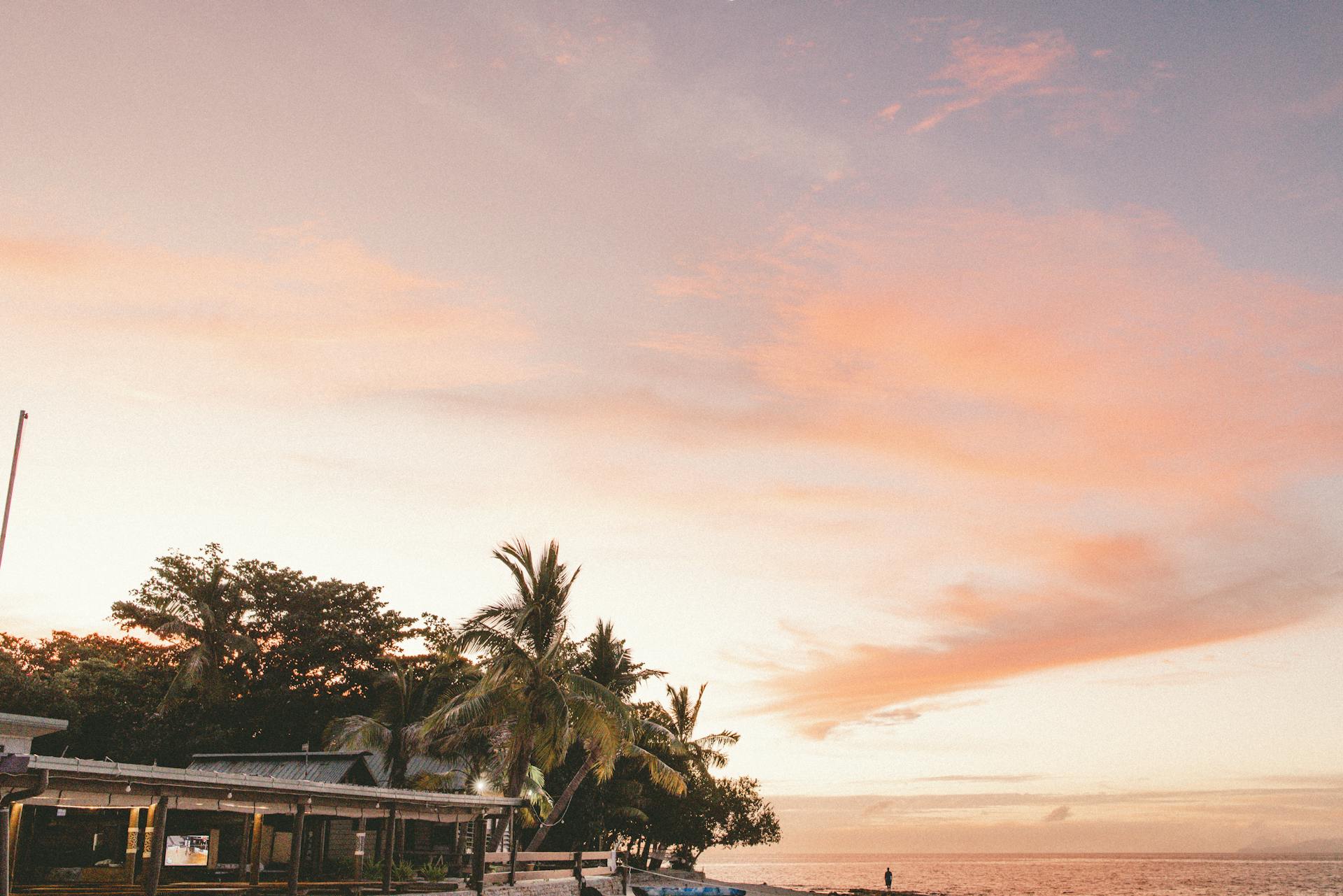 A tranquil sunset over a palm tree-lined beach in Nadi, Fiji.