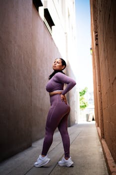 Confident woman in sportswear posing in a narrow urban alley, showcasing fitness and style.