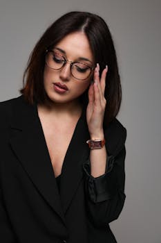 Portrait of a stylish woman in glasses wearing a black blazer, embodying modern elegance.