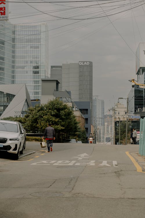 A man walking down a street in a city