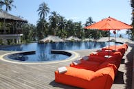 在热带度假村，于日光躺椅和棕榈树环绕的泳池旁放松身心